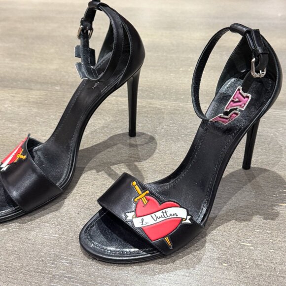 Louis Vuitton ankle-strap heels Tattoo Heart Sandals 38.5 USA size 8 Red black - Picture 7 of 10